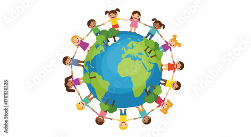 Global Harmony Illustration Featuring Diverse Children Holding Hands Around the Earth. Depicts unity, peace, and diversity for educational and social awareness campaigns.