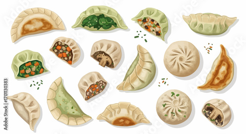Assorted Asian Dumplings Illustration for Culinary Art Projects, Recipe Book Designs, and Restaurant Menu Visuals, Showcasing Delicious and Diverse Cuisine