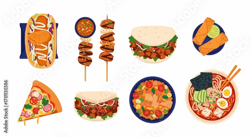 Diverse Asian Cuisine Illustration Featuring Authentic Street Food and Traditional Dishes for Culinary Blogs and Restaurant Menus