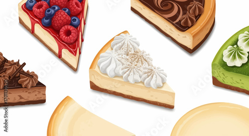 Delicious Cheesecake Slices Collection Featuring Various Toppings for Culinary Presentation and Dessert Menu Design. Ideal for bakery promotions, recipe illustrations, or food blog content.