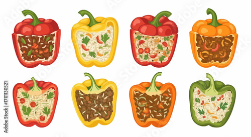 Vibrant Stuffed Bell Peppers Illustration, Diverse Fillings, Culinary Delights, Suitable for Cookbook Illustrations and Recipe Websites, Promoting Healthy Eating