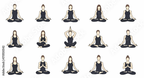 Series of Yoga Poses for Meditation and Wellness, Suitable for Fitness Guides and Health-Related Content, Promoting Mindfulness and Physical Exercise