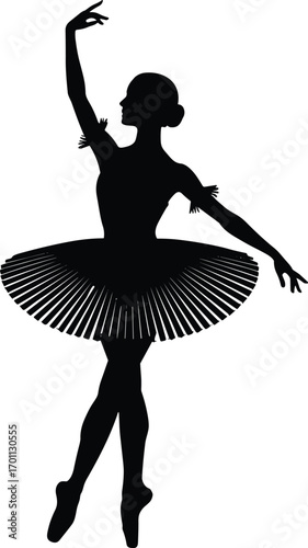 Graceful ballerina silhouette in elegant tutu performing classical ballet pose, en pointe posture, black and white vector art illustration.