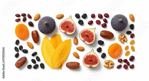 Assortment of Dried Fruits and Nuts arranged Artistically on White Surface. Ideal for showcasing healthy eating, snack options, or culinary ingredient photography.