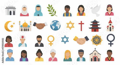 Diverse Icon Set Representing Global Religions, Cultures, and Unity for Promoting Interfaith Dialogue and Social Harmony in Educational and Awareness Campaigns