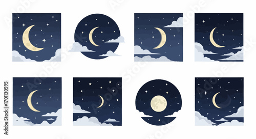 Diverse Set of Night Sky Illustrations Depicting Crescent and Full Moons Amidst Clouds and Stars, Suitable for Children's Books and Astronomical Themes