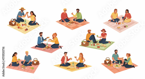 Diverse groups of friends enjoying a delightful picnic outdoors, perfect for illustrating social gatherings, outdoor activities, and leisure time in marketing materials.