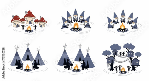 Whimsical Gnome and Children's Campfire Illustrations for Storybooks, Festive Decorations, and Creative Design Projects