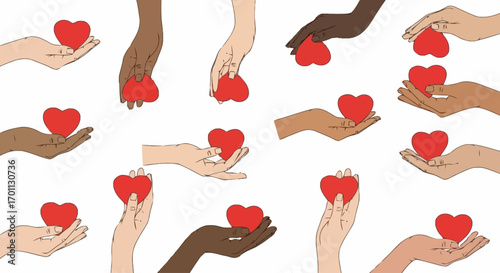 Diverse hands holding red hearts, symbolizing love and support for social causes, health initiatives, and charitable campaigns; a visual representation of global unity.