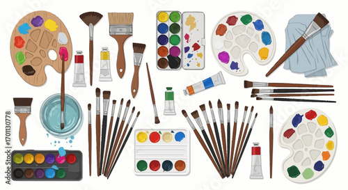 Collection of painting supplies and equipment, perfect for illustrating creative hobbies, art education, and various artistic projects and stock illustration