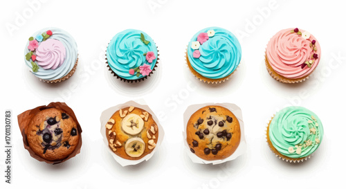 Assortment of Colorful Cupcakes and Muffins Displayed on a White Background for Baking, Dessert, and Celebration Related Projects