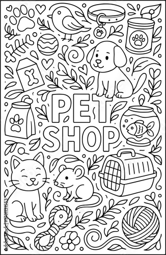 Pet Shop hand drawn vector Doodle art illusration coloring book page for kids