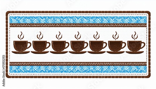 Decorative Coffee Cup Design with Blue Lace Edges and Brown Tones for Background