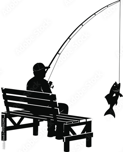 Silhouette of a man fishing while sitting on a wooden bench, catching a big fish with fishing rod isolated vector.