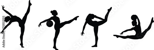 Rhythmic gymnastics silhouettes performing with ball, showing flexibility, balance, strength, dynamic poses, elegance, artistic movement, athleticism, and graceful sports vector illustrations.