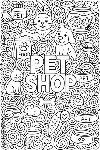 Pet Shop hand drawn vector Doodle art illusration coloring book page for kids