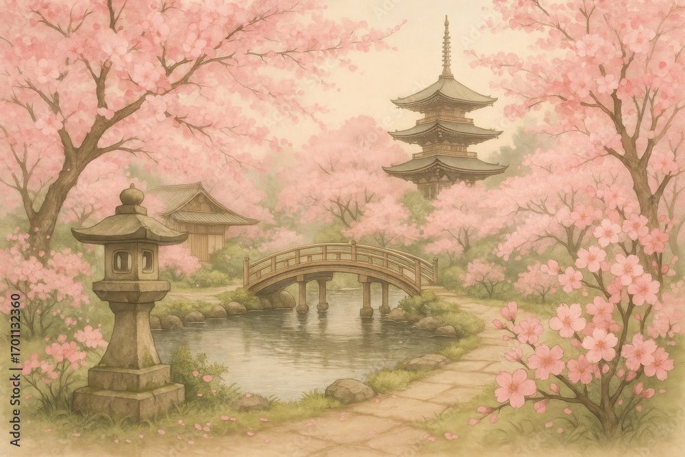 Fototapeta premium Delicate pink cherry blossom collection with Japanese spring garden elements and cultural aesthetic