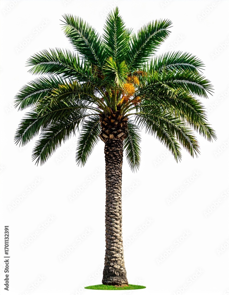 Obraz premium Tall Green Palm Tree with Brown Trunk and Yellow Fruits on White Background in Bright Daylight