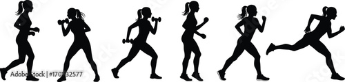Silhouette of a woman performing various fitness exercises including running, dumbbell workout, and sprinting in sequence illustration.