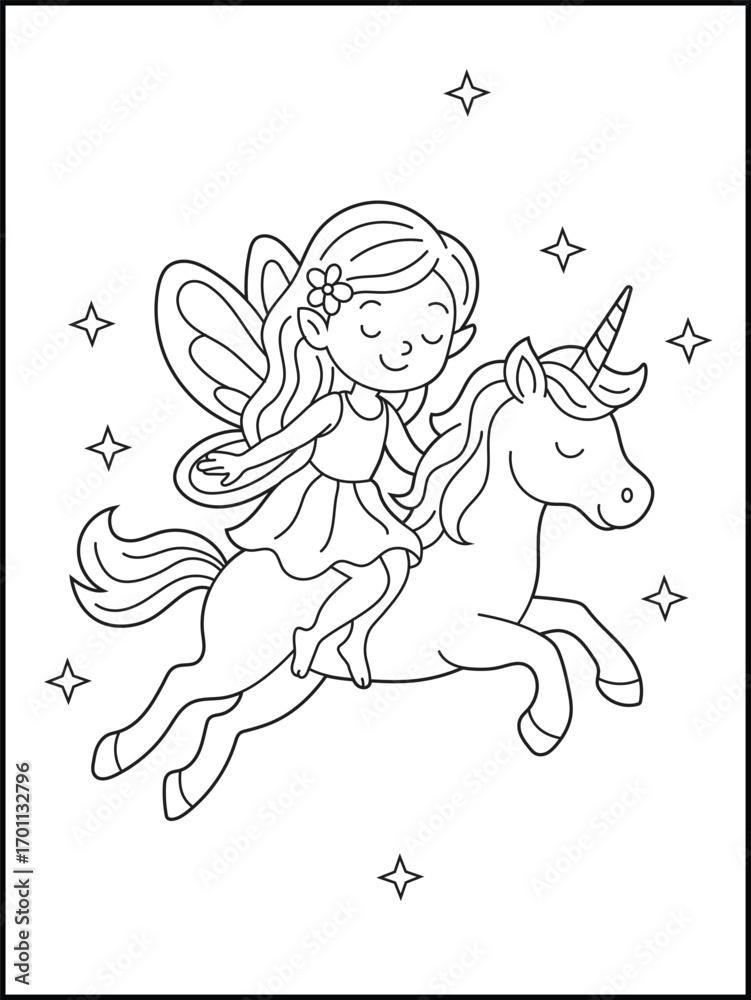 custom made wallpaper toronto digitalCute Cartoon Fairy Riding Unicorn Coloring Page with Stars, Magic, and Simple Bold Outline Style. Bold and easy illutration for kids and adults.