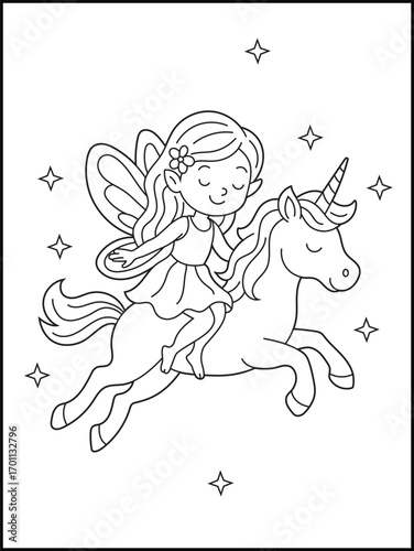 Wallpaper Mural Cute Cartoon Fairy Riding Unicorn Coloring Page with Stars, Magic, and Simple Bold Outline Style. Bold and easy illutration for kids and adults. Torontodigital.ca