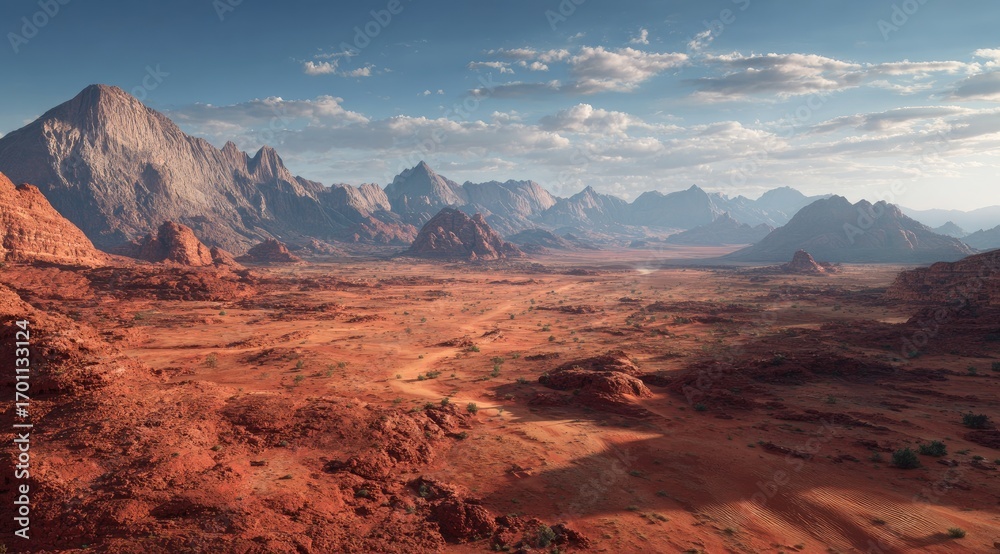 Naklejka premium Vast desert valley, rugged mountains, sunrise hues