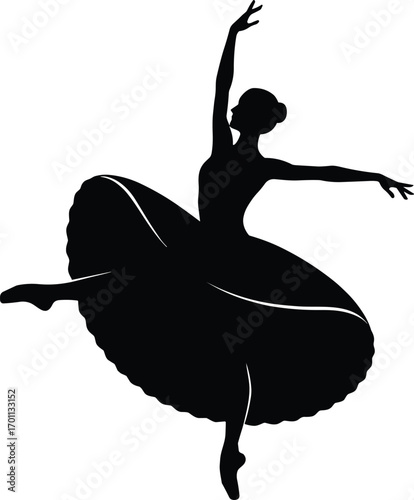 Silhouette of elegant ballerina dancing gracefully in tutu, balanced on pointe, artistic ballet pose isolated vector illustration.