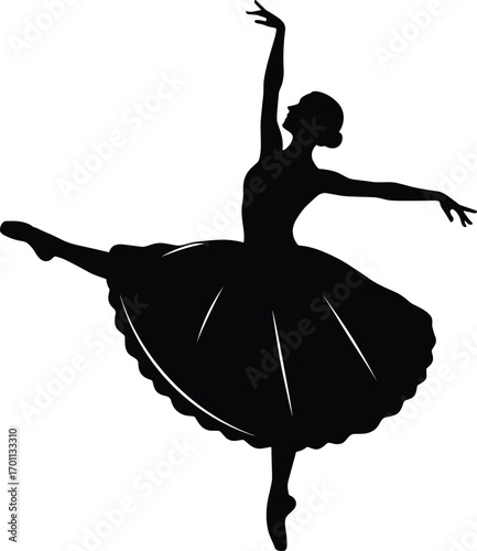 Silhouette of graceful ballerina dancing on pointe, wearing tutu, elegant ballet pose isolated vector illustration on white background.