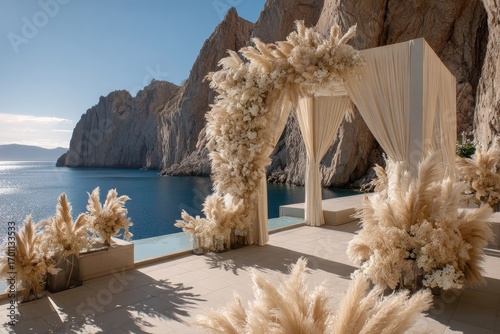 Coastal wedding ceremony with pampas grass arch