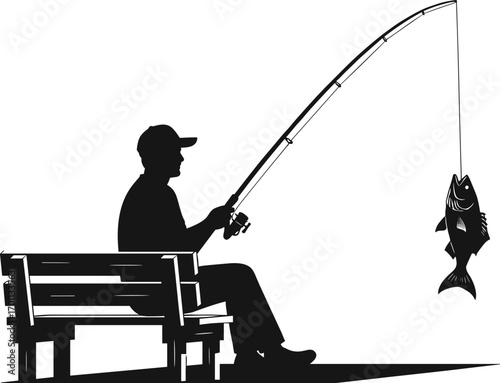 Silhouette of man fishing while sitting on a wooden bench, holding fishing rod catching a big fish, isolated vector.