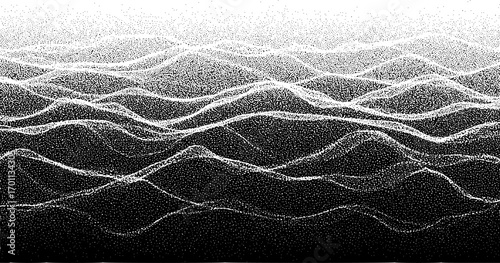 Noise grain halftone hills and mountains landscape vector background. Black noise gradient dots mountain range with sand texture and stipple pattern. Abstract grain hills terrain and waves dotwork