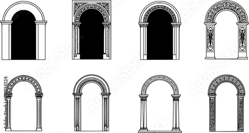 Art deco arch window and door frames, entrance doorways and gateway, vector architectural line drawing. Ancient classic architecture arch doors with arcs of Medieval temple, palace or mosque doorways