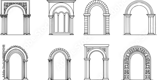 Art deco arch window and door frames, entrance doorways and gateway, vector architectural line drawing. Ancient classic architecture arch doors with arcs of Medieval temple, palace or mosque doorways