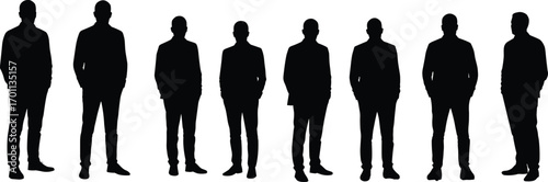 Silhouettes of Businessmen Standing in a Row on White Background – Corporate Teamwork Concept for Office, Leadership, and OrganizationSilhouettes of Businessmen Standing in a Row on White  