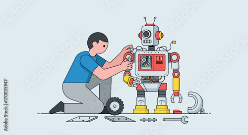A person assembling a robot, representing technology and innovation in an illustrative style