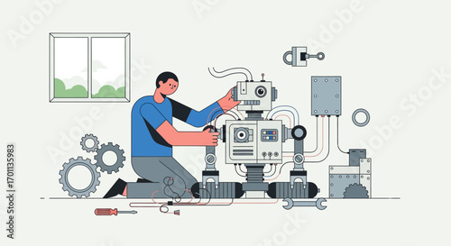 A skilled engineer meticulously assembles a complex humanoid robot in a workshop, symbolizing the future of artificial intelligence and automation technology