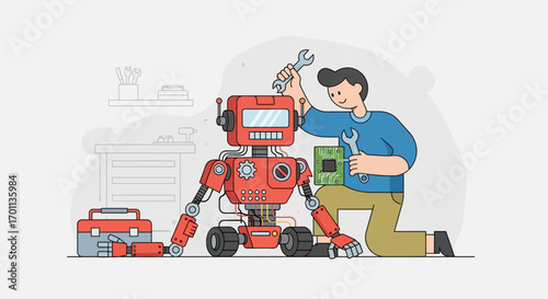A person working on a red robot in a workshop, assembling its internal components with tools and a toolkit nearby