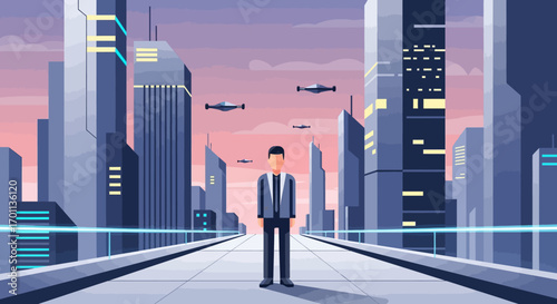 Illustration of a businessman standing on a futuristic city skywalk overlooking modern skyscrapers and flying drones