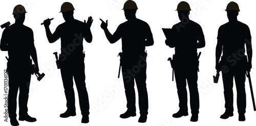 Silhouettes of Construction Workers Wearing Hard Hats and Holding Tools – Engineering Team Concept for Industrial Labor, Repair, and Safety