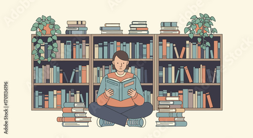 Young Person Immersed in Reading Amidst a Collection of Books and Cozy Atmosphere