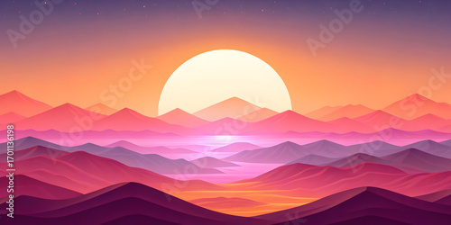 Intricate mountain landscape with vivid sunset sky and full moon rising, detailed hills and valleys, serene tranquil atmosphere, cinematic digital art 8k JPG 2025 2026
