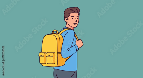 Vector illustration of a cheerful young traveler or student with a yellow rucksack, ready for school or a new adventure