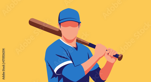 Vector illustration of a professional baseball player holding a wooden bat over his shoulder, ready for the game. An athletic and determined sports concept