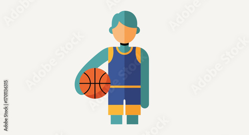Stylized flat design illustration of a basketball player in a blue uniform holding a ball, isolated character icon for sports concepts