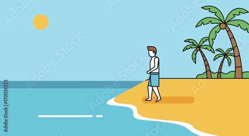 A solitary man enjoys a peaceful walk along the sandy shore of a serene tropical beach during a summer vacation holiday