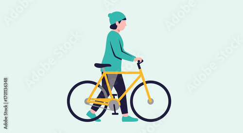 Person walking bicycle, illustration of healthy lifestyle and outdoor activity