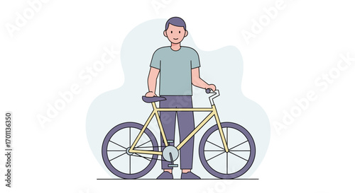 Modern flat line vector illustration of a young man with his bicycle. Concept for an active lifestyle, sustainable transport, and city commuting