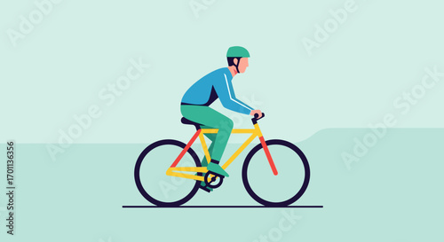 Flat design vector illustration of a man riding a colorful bicycle. Concept of healthy lifestyle, sport, and eco-friendly transport