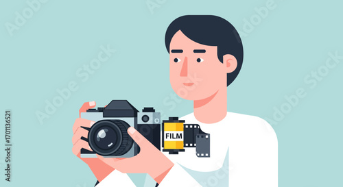 Creative male character holding a vintage analog camera and film roll, representing the passion and hobby of classic photography
