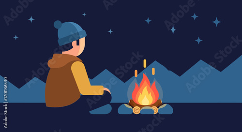 Peaceful night camping A person relaxes by a warm campfire, gazing at the starry sky above majestic mountains